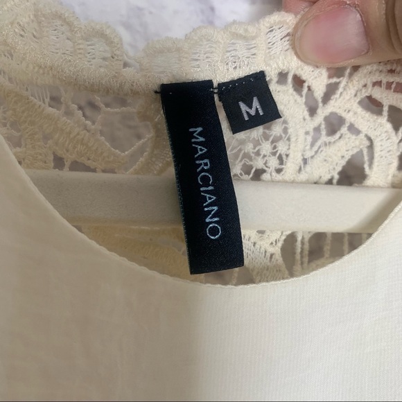 Marciano Ivory Textured Satin Lace Sleeve High Low Shift Dress - Picture 12 of 16